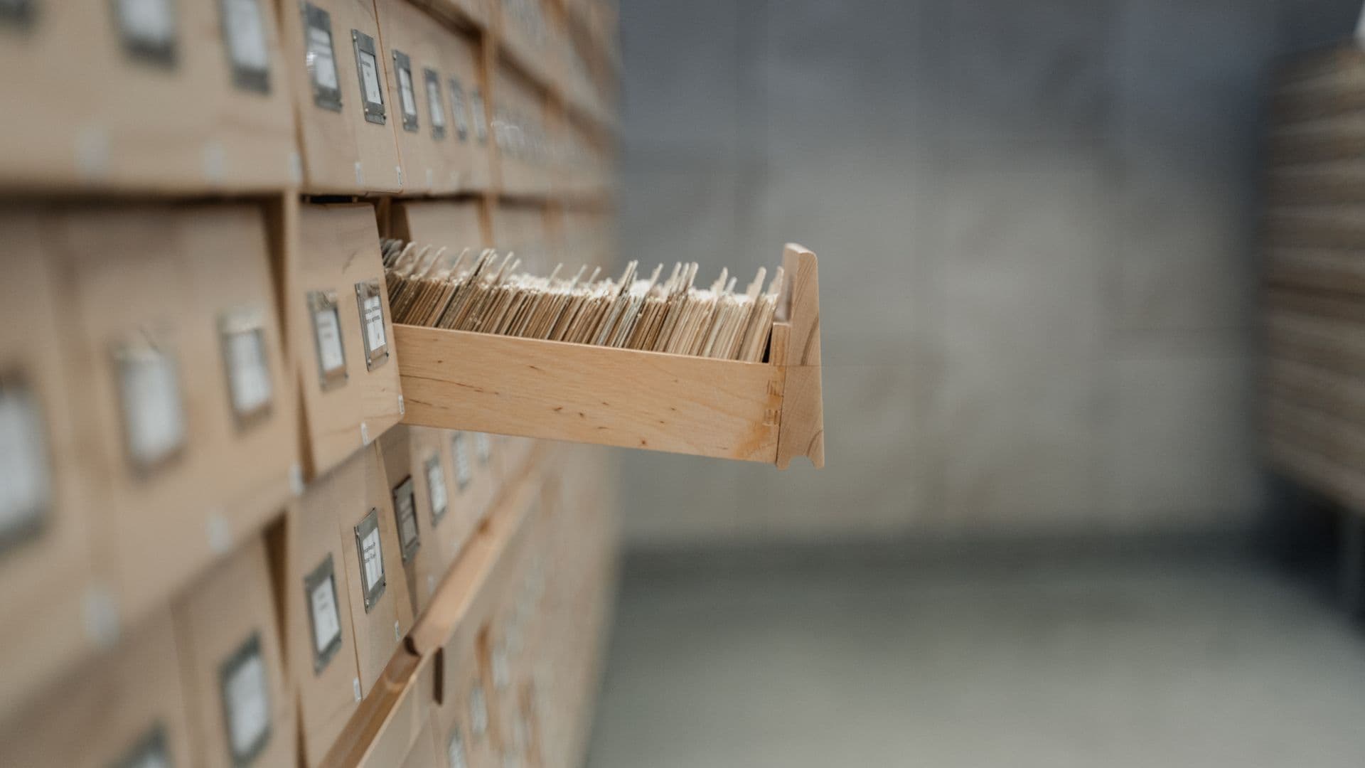 A drawer of index cards in a record room